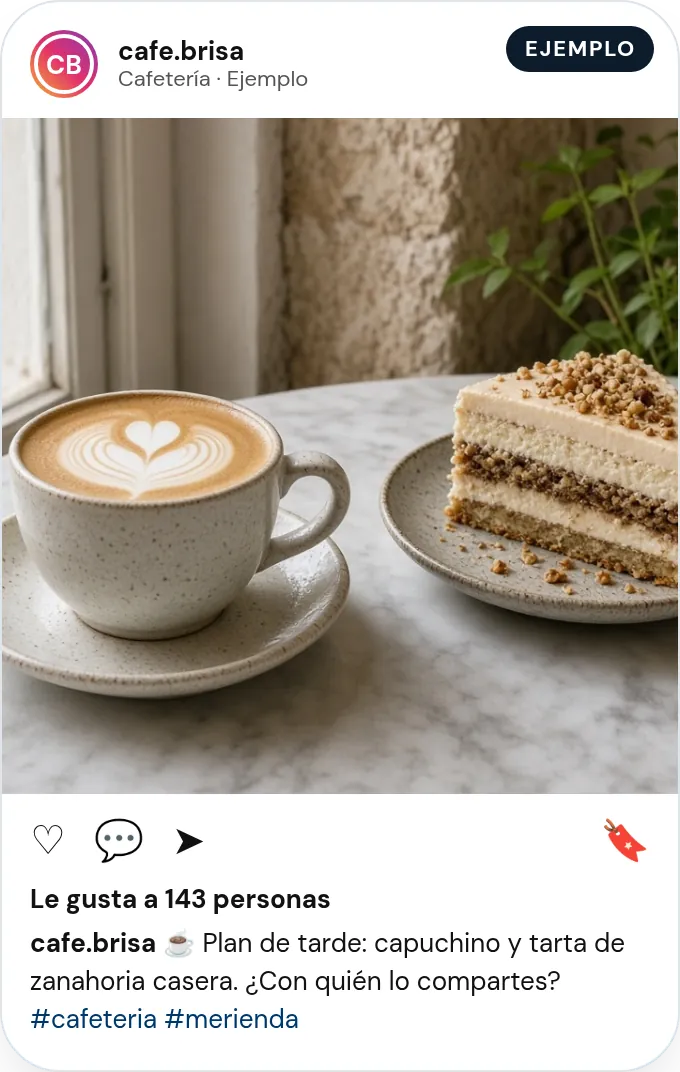 Publicación de ejemplo de una cafetería con capuchino y tarta de zanahoria